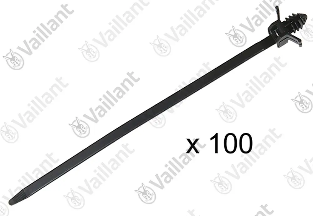 Vaillant Kabelbinder in Schwarz, gerade Form mit rastendem Verschluss, auf einem weißen Hintergrund angeordnet, Menge 100 Stück.